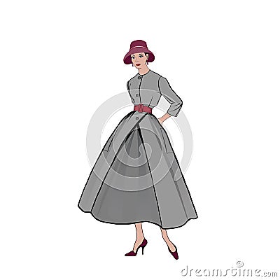 Retro fashion dressed woman 1950`s 1960`s style: Stylish young lady in vintage clothes. Autumn Fashion party silhouettes from Stock Photo