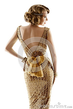 Retro Fashion Model Gold Dress, Woman Old Fashioned Beauty, Back View, White Stock Photo