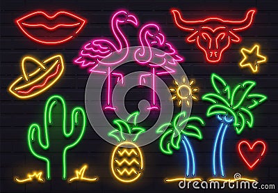 Retro fashion neon sign. Glowing fluorescent cactus, pink flamingo and bull signs. Bright palm, sombrero and pineapple vector set Stock Photo