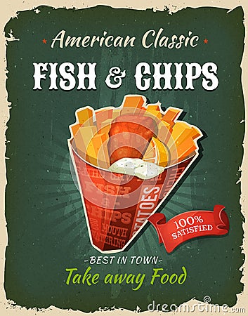 Retro Fast Food Fish And Chips Poster Vector Illustration