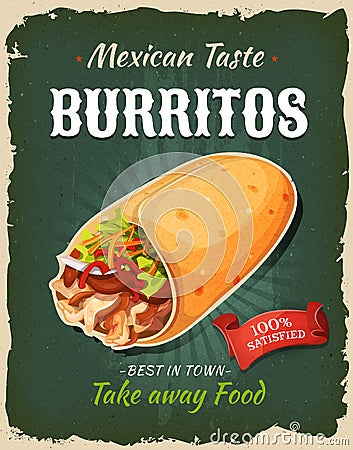 Retro Fast Food Mexican Burritos Poster Vector Illustration