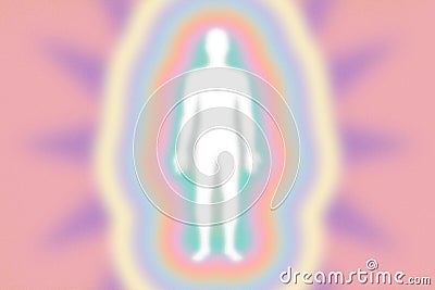 Retro feel peachy pink rainbow aura layers, energy field with white human body Stock Photo