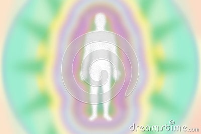 Retro grainy texture purple green yellow aura layers, energy field with human figure Stock Photo