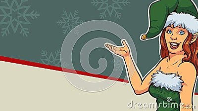 Retro female elf with Christmas background Vector Illustration