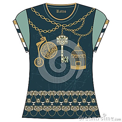 Retro female fashion t-shirt print design of heraldic key, bird cage, bike, chain gold and turquoise color. Vector Illustration