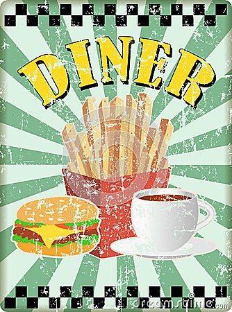 Retro fifties diner sign with french fries. burgers and cofee.Free copy space, vector Vector Illustration