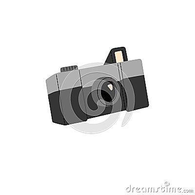 Retro film camera. Vintage professional analog photo equipment with leans, shutter, rangefinder. Photography 80s Vector Illustration