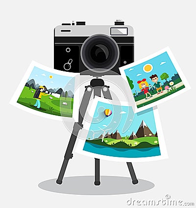 Retro Film Photo Camera on Tripod with Pictures Vector Illustration