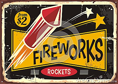 Vintage poster or flyer design for fire works rockets retailer Vector Illustration