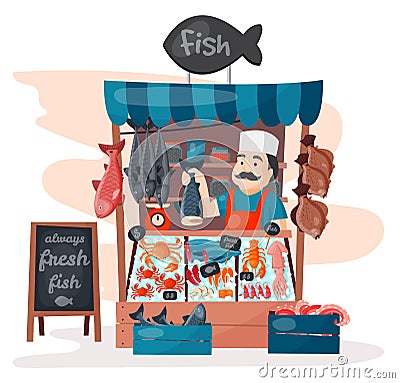 Retro fish street shop store market with freshness seafood in fridge traditional asian meal and man dealer business Vector Illustration
