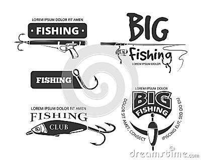 Retro fishing club vector badges, labels, logos, emblems Vector Illustration