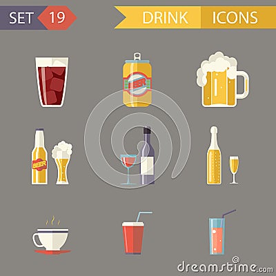 Retro Flat Alcohol Beer Juice Tea Wine Drink Icons Vector Illustration