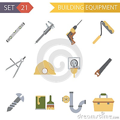 Retro Flat Building Equipment Icons and Vector Illustration