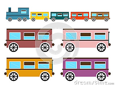 Retro Flat Design Trains Isolated on White Background Vector Illustration