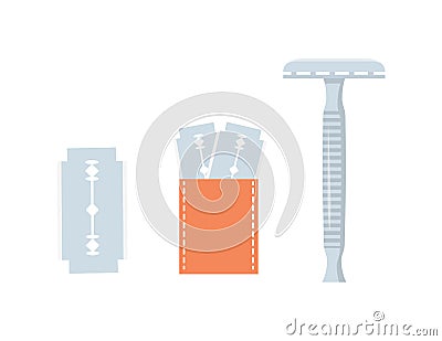 Retro flat icon with classic razor blade. Oldschool shaving razor for man. Pack of blades. Cartoon vector illustration. Vector Illustration