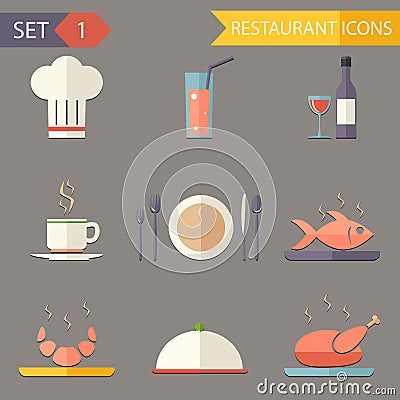 Retro flat restaurant Icons and Symbols set vector Vector Illustration