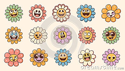 Retro flower groovy sticker, vector cute cartoon character with smiley face, funny hippy daisy flower Vector Illustration