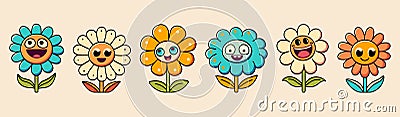 Retro flower groovy sticker ,vector cute cartoon character with smiley face, funny hippy daisy flower Vector Illustration