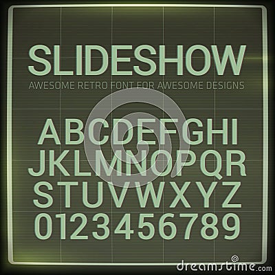 Retro font with blur effect. Vector distorted retro slide projector screen tiltle alphabet. Vector Illustration