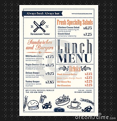 Retro Frame restaurant lunch menu design Vector Illustration