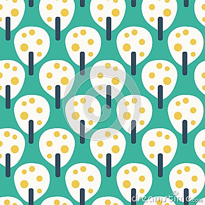 Retro fruit trees white teal yellow - vector seamless pattern. Vintage inspired simple background. Flat Scandinavian style. Vector Illustration