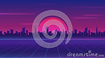 Retro future 80s style sci-fi wallpaper. Futuristic night city. Cityscape on a dark background with bright and glowing neon purple Cartoon Illustration