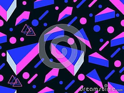 Retro futurism seamless pattern. Geometric elements memphis in the style of 80`s. Synthwave retro background. Retrowave. Vector Vector Illustration