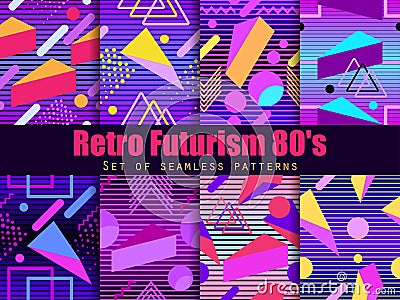 Retro futurism seamless pattern set. Geometric elements memphis in the style of 80`s. Synthwave retro background. Retrowave Vector Illustration