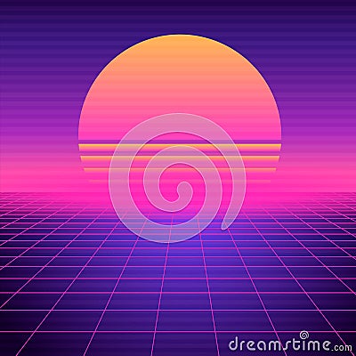 Retro futuristic background vaporwave. Neon geometric synthwave grid, light space with setting sun. Vector Illustration