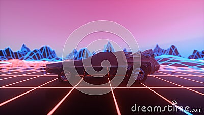 Retro futuristic car in 80s style moves on a virtual neon 3d rendering Stock Photo