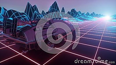 Retro futuristic car in 80s style moves on a virtual neon landscape. 3d illustration Cartoon Illustration