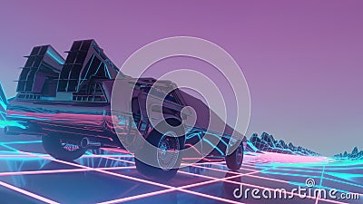 Retro futuristic car in 80s style moves on a virtual neon landscape. 3d illustration Cartoon Illustration