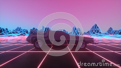 Retro futuristic car in 80s style moves on a virtual neon landscape. 3d illustration Cartoon Illustration