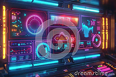 Retro-futuristic dashboard glowing with neon, illustrating continuous feedback and implementation steps in an 80s science fiction Stock Photo
