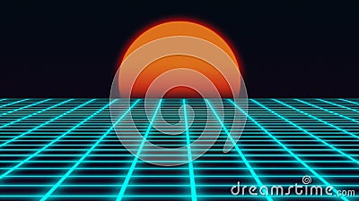 Retro futuristic landscape with sunset 1980s style, digital summer landscape with grid surface, 3D rendering Stock Photo