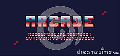 Retro futuristic latin arcade pixel font from video games, vector geometric 8 bit design letters and numbers, colorful pixelated Vector Illustration
