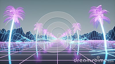 Retro futuristic palm tree alley. Retro 80s style synthwave background. 3d rendering Stock Photo