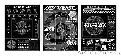 Retro futuristic posters set with 3D objects and science shapes Vector Illustration