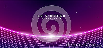 Retro futuristic 1980s style cyber space horizon background with landscape fish-eye effect camera view. 80s digital sci-fi surface Cartoon Illustration