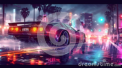 Retro futuristic sports car at night at a busy street Stock Photo