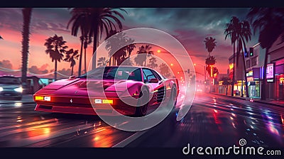 Retro futuristic sports car at night at a busy street Stock Photo