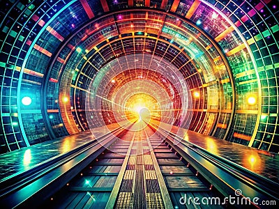 A Retro Futuristic Vision Exploring a Network Tunnel of the Future Where Digital Data Streams and HighTech Elements Stock Photo
