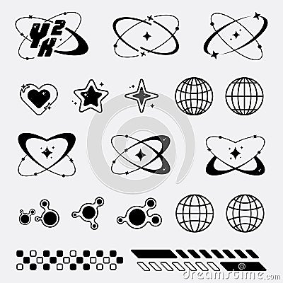 Retro futuristic y2k elements design with sparkling, Vector Illustration