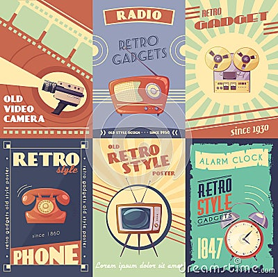 Retro Gadgets Cartoon Posters Vector Illustration