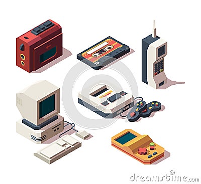 Retro gadgets. Computer camera telephone vhs player game console portable old devices vector isometric Vector Illustration