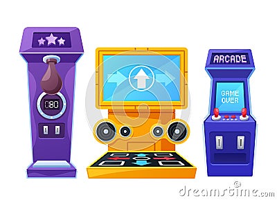 Retro Game Machines, Nostalgic Gaming Consoles That Revive Classic Titles, Featuring Pixelated Graphics, Vector Vector Illustration
