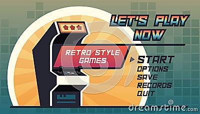 retro game menu. 8 bit retro style game machine, main menu background, cartoon vintage arcade game design. vector Vector Illustration