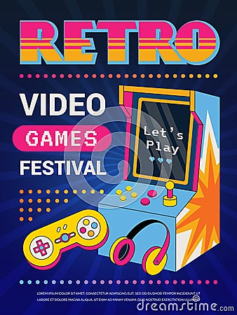 Retro game poster. Vintage gaming gadgets party invitation placard in retro style recent vector template with place for Vector Illustration