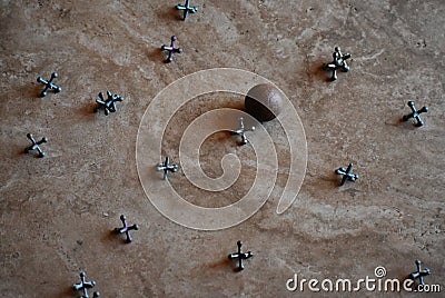 Retro game of steel jacks with ball on marble floor Stock Photo