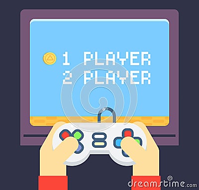 Retro Games Player Hands Joystick TV Monitor Stock Photo